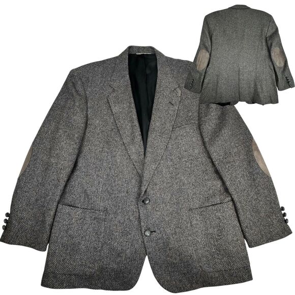 VTG Hunt Valley Mens 48R Wool Herringbone Tweed Blazer Elbow Patch Sport Coat - Picture 1 of 16